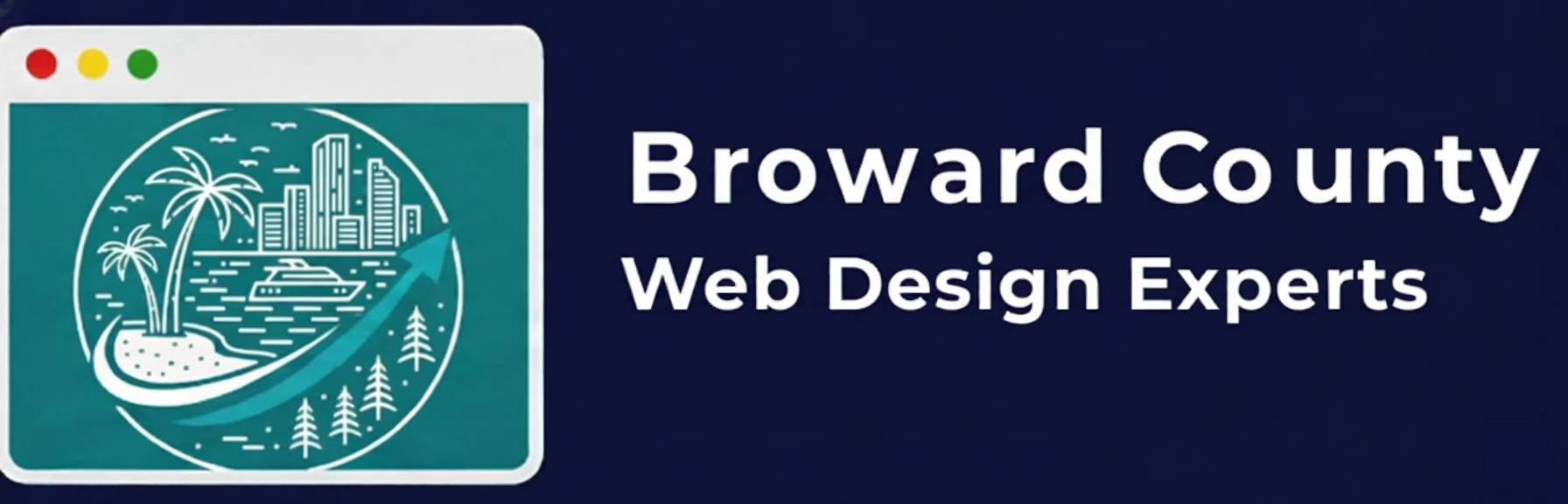 Broward County Web Design Experts logo banner with tropical skyline and web browser graphic.